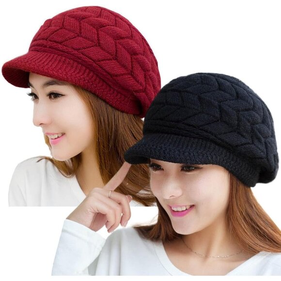 👑Women’s _2hats(black+wine) Winter Warm Knit Wool Snow Ski Hat with Visor